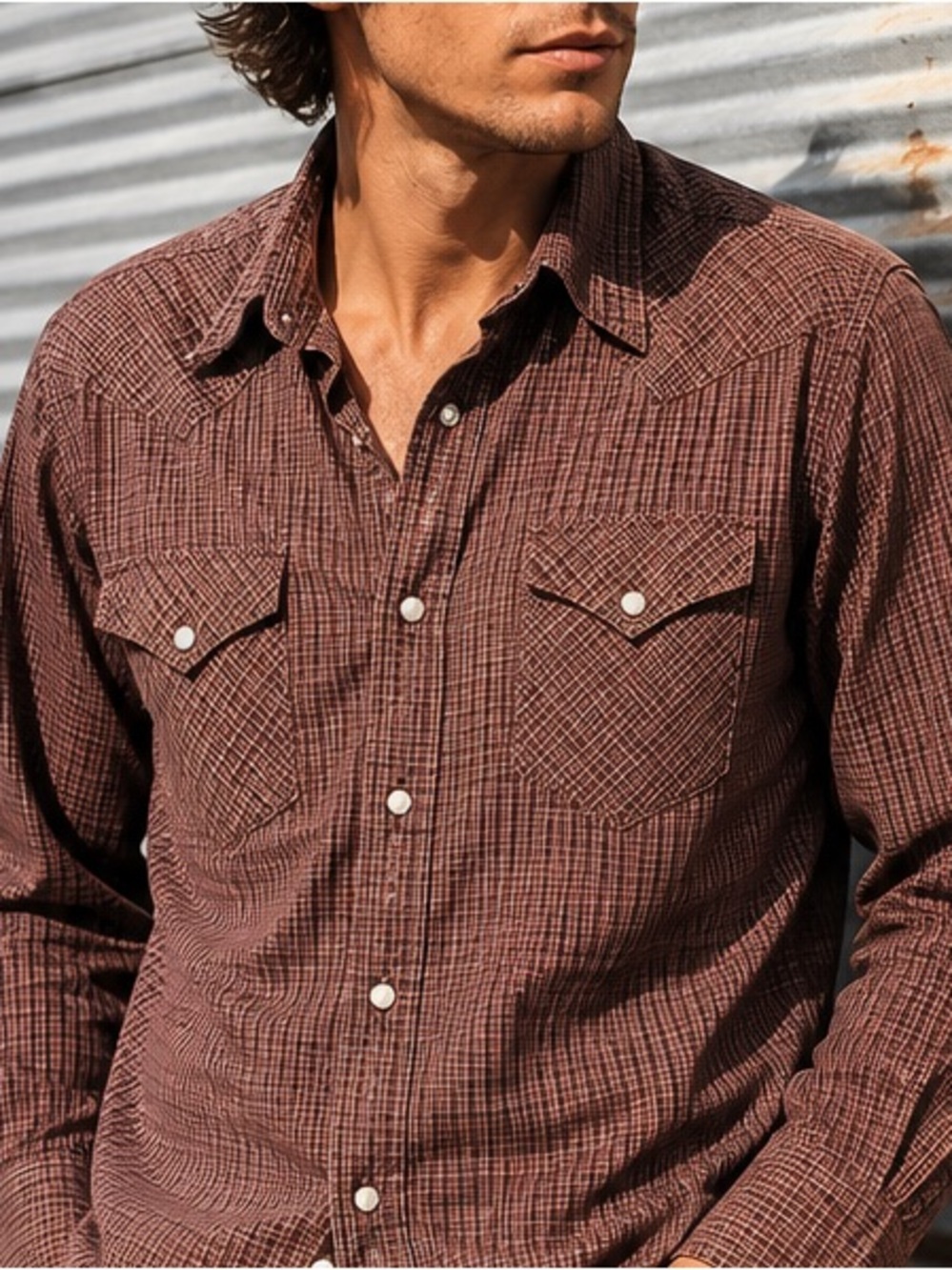 Wrangler Western Pearl Snap Shirt – Brown red Micro-Check – Distressed Hem